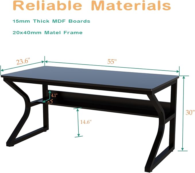 OSCHF 55-Inch Extra Long Desk with Storage Shelf, Black | Double Long Writing Table, Space-saving, 2-Person Workstation, Modern Study Work Computer Desk, For Home Office - Image 2