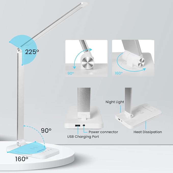 LED Desk Lamp with Night Light, Fast Wireless Charger, USB Charging Port, 10 Brightness, 5 Color Modes, Dimmable Bedside Table Lamp for Bedroom, Touch Control, Auto Timer, 1200Lux Super Bright - Image 5
