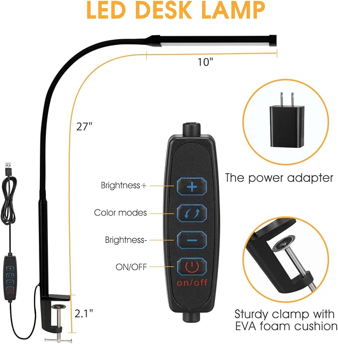 Voncerus LED Desk Lamp with Clamp, Clip on Lights for Home Office, Black | 3 Modes 10 Brightness, Long Flexible Goose-Neck, Eye-Caring, Memory Function, Energy Efficient, USB Adapter, Metal - Image 4