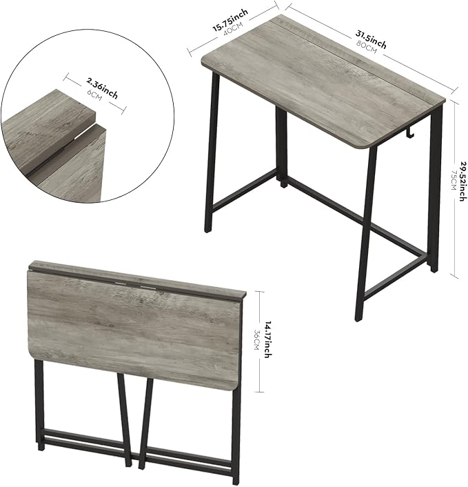 WOHOMO Folding Desk 31.5" Foldable Computer Table for Small Spaces GrayWash | Easy Assembly and Fold, Sturdy Home office desks for Study Bedroom Dorm Space Saving Writing Work Apartment - Image 3