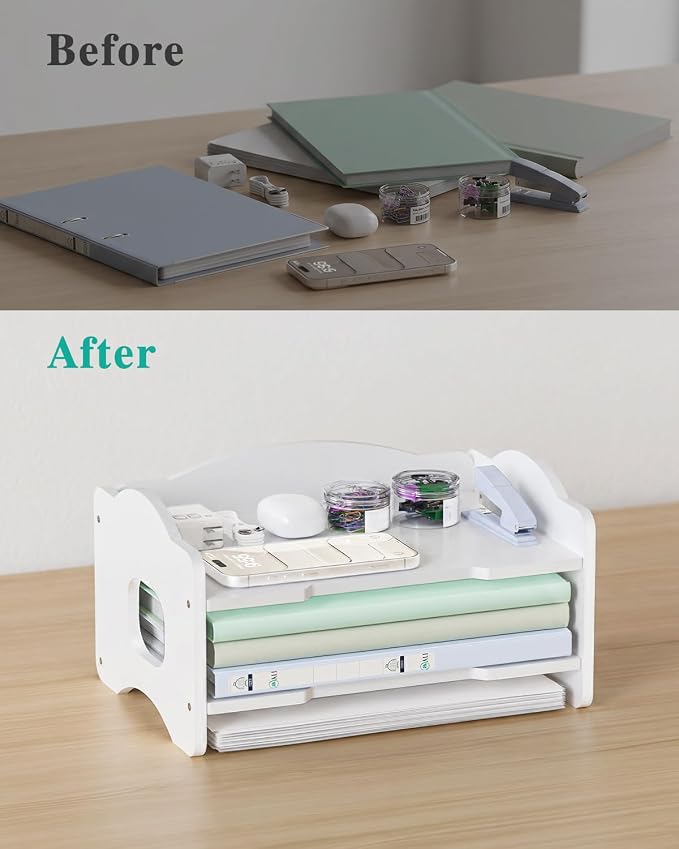 WALI Desk File Organizer, 2 Tier Stackable Desktop Paper Letter Tray Organizer with Handle, Office Desk Accessories & Workspace Organizers for Office, Home, School Supplies, 1 Pack, White - Image 4