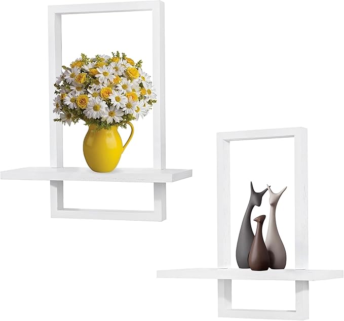 PHOENANCEE Square Wall Shelf,Framed Floating Shelves Set of 2,Decorative Plants Hanging Display Chic for Living Room Bedroom Bathroom Home Office,Soild Wood,L+S,White by PHOENANCEE