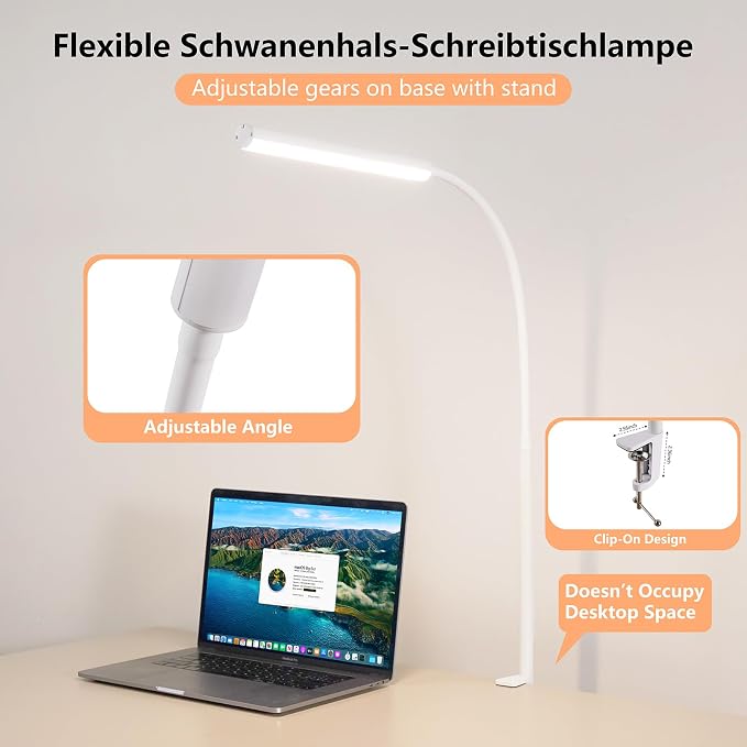 LED Desk Lamp for Office Home, Adjustable Flexible Eye-Caring Desk Light with,5 Modes 10 Brightness Adjustment, USB Adapter Desk Lamp with Clamp-LK-W - Image 5