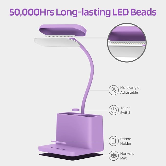AXX Purple Desk Lamp, Cute Table Light for Home Office College Dorm | Small, LED, Rechargeable, Battery Operated, Cordless, Gooseneck, Mini, Study Accessories, for Teen Girls - Image 5