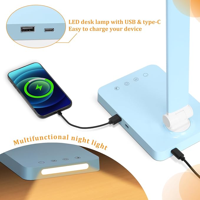 LED Desk Lamp with USB Ports,Touch Desk Lamps for Home Office with 5 Modes | 3 Brightness Desk Light with Small Night Light,Reading Lamp Table Lamp for Bedroom Bedside Study Blue （with adapter） - Image 4