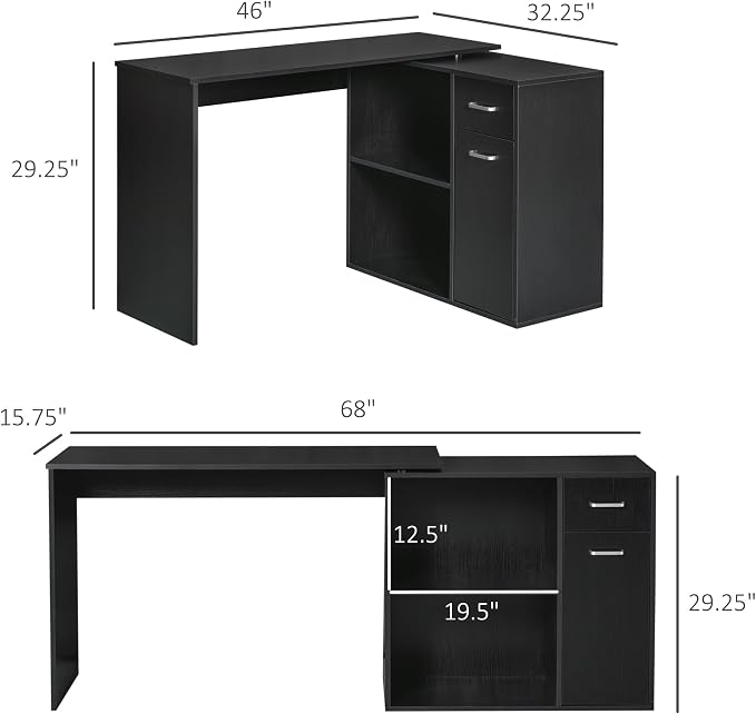 HOMCOM L Shaped Computer Desk 180° Rotating 47.25"x19.75"x 53.75", Black | Corner Desk, Storage Shelves, Drawer, Cabinet, Study Workstation, for Home Office - Image 3