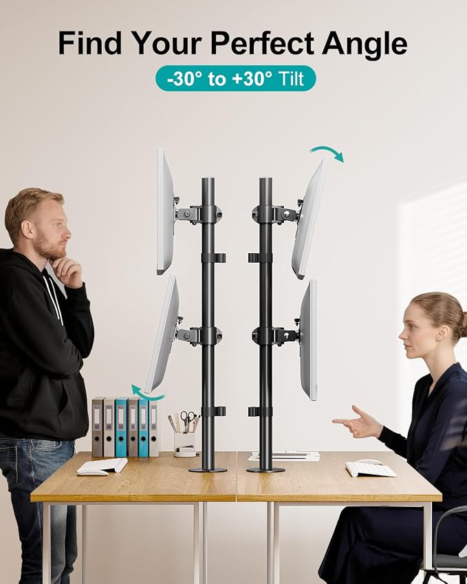MOUNT PRO Vertical Dual Monitor Stand, Stacked Monitor Mount for 2 Monitors Up to 32 inches, Computer Monitor Arm with Swivel, Tilt, Height Adjustable, Each Monitor Desk Mount Holds up to 17.6 lbs - Image 4