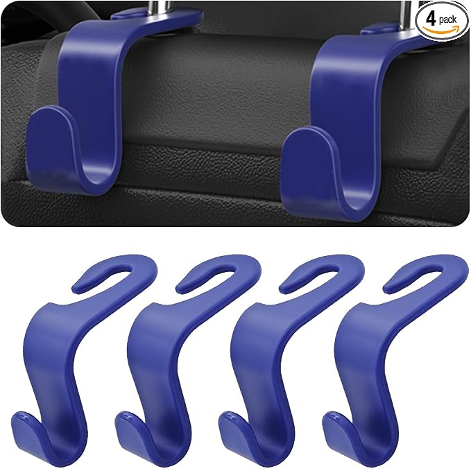 4PCS Car Back Seat Headrest Hooks, Rear Car Seat Storage Headrest Hanger Holder Hooks Organizer, Universal Auto Interior Accessories for Bag Purse Handbag Cloth Coats Grocery (Blue) by Hanemia