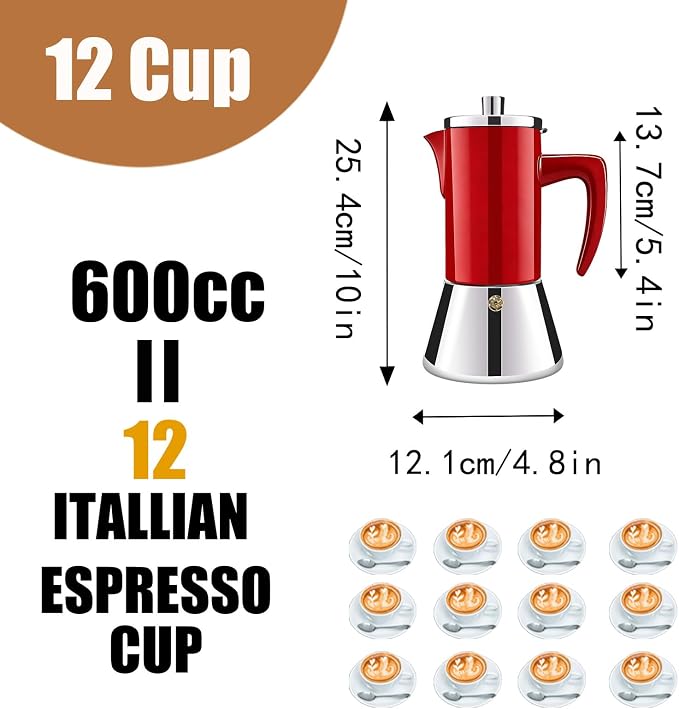 12 Cup Thickened 304 Stainless Steel Moka Pot Stovetop Espresso Maker Cafeteras Italian Percolator Espress Makers Capable Greca Mocha Coffee Machine for Induction Home and Camping 600ml 20oz - Image 2