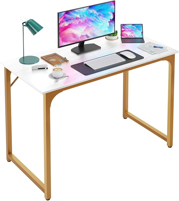 PayLessHere | 39 Inch Computer Desk | White Gold | Sturdy Office Desk | Metal Frame, Adjustable Feet | Water-Resistant, Scratchproof Surface | Writing Table for Home Office or Study | Pack of 1 by PayLessHere