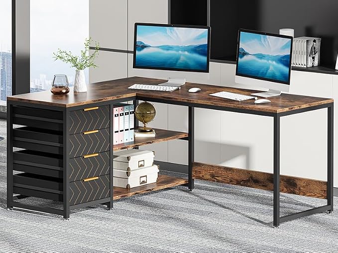 Tribesigns L Shaped Computer Desk with Storage Drawers, 59 inch Corner Desk with Shelves, Reversible L-Shaped Office Desk Study Writing Table Workstation for Home Office, Brown - Image 8