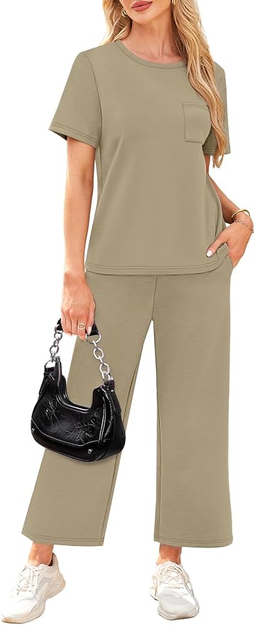 WIHOLL 2 Piece Sets for Women Casual Summer Travel Vacation Outfits Short Sleeve Wide Leg Crop Pants Lounge Sets - Image 4