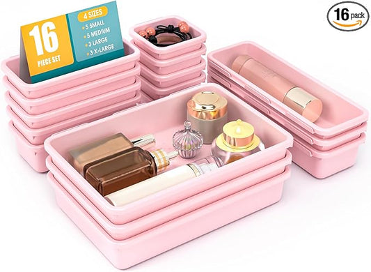 16 PCS Drawer Organizer Set, 4 Size Makeup Drawer Divider Organizer With Non-Slip Pads, Interlocking Plastic Storage Bins for Office,Jewelry Vanity,Gadgets, Bathroom,Kitchen, Pink by StoreHappily
