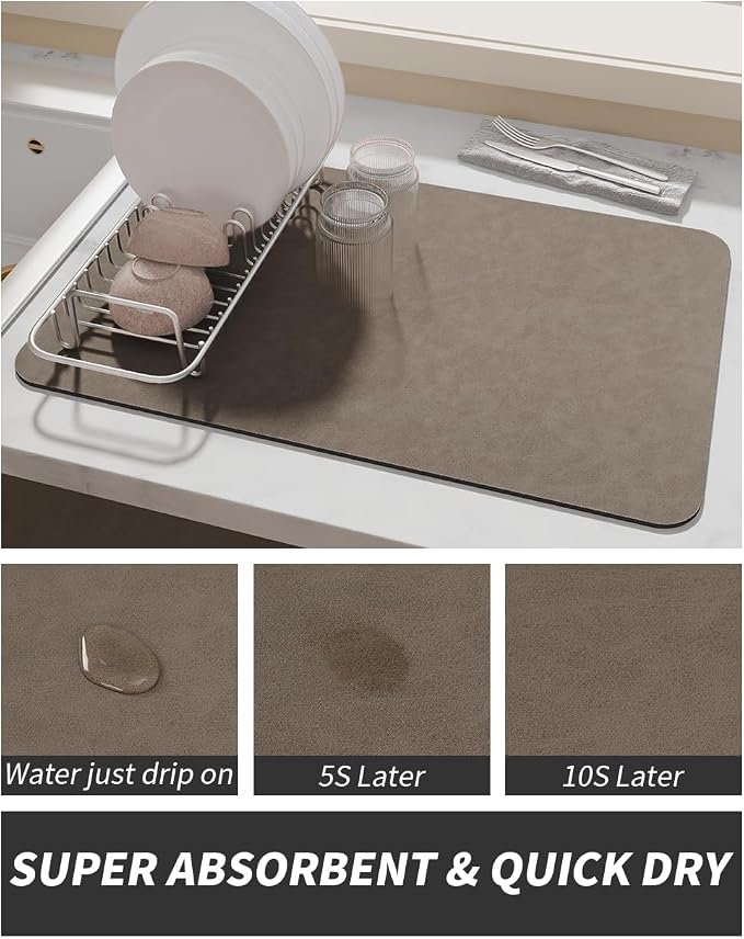 AMOAMI Coffee Mat - Hide Stain Rubber Backed Absorbent Dish Drying Mat for Kitchen Counter - Brown, 12"x19" - Image 3