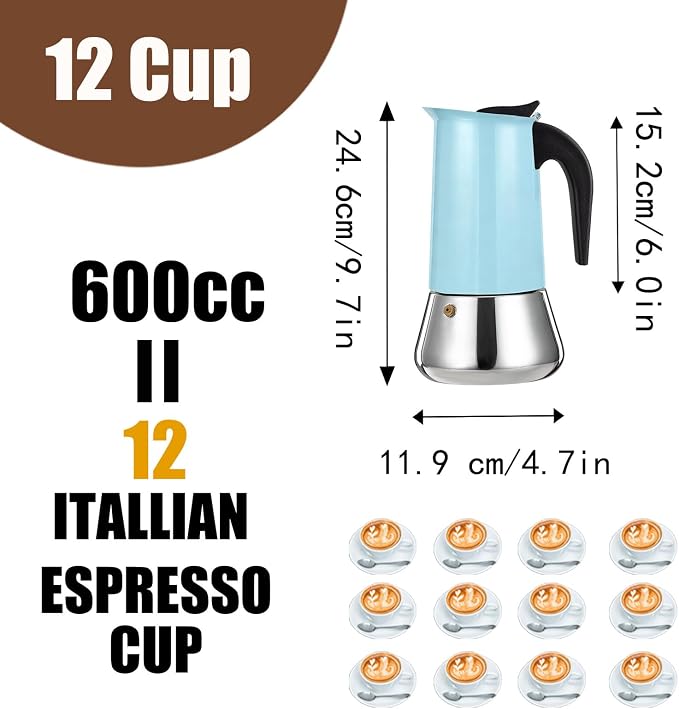 12 Cup Stovetop Espresso Maker Stainless Steel Moka Pot Stove Top Percolator Italian Coffee Makers Capable Mocha Greca Machine Cafe Classic Induction Cookers for Home and Camping 600ml 20oz - Image 3