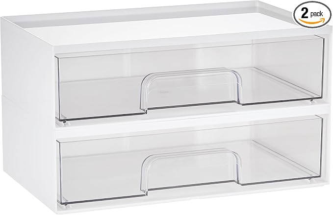 Vtopmart White Stackable Storage Drawers, 2 Pack Wide Organizers | Pull-Out Drawers, Stackable Design for Makeup Palettes, Cosmetics, Beauty Supplies, Vanity, Cabinet and Desk by Vtopmart