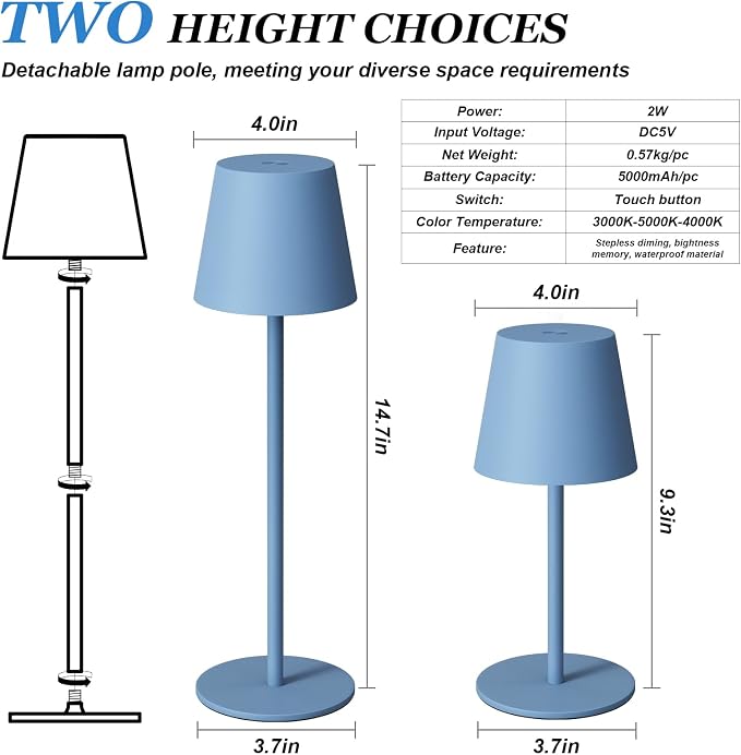 Kakanuo Cordless Table Lamp Rechargeable Blue - KK 2 Pack 5000mAH Battery Operated Lamp for Dining Table, 3 Color Stepless Dimming Wireless Lamp for Counter, Outdoor Patio, Touch Control - Image 3