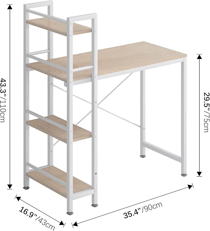 4NM 35.4" Small Computer Desk with 4-Tier Bookshelf and 8 Hooks, Home Office Desk Writing Workstation Study Table for Small Space Work - Natural and White - Image 3