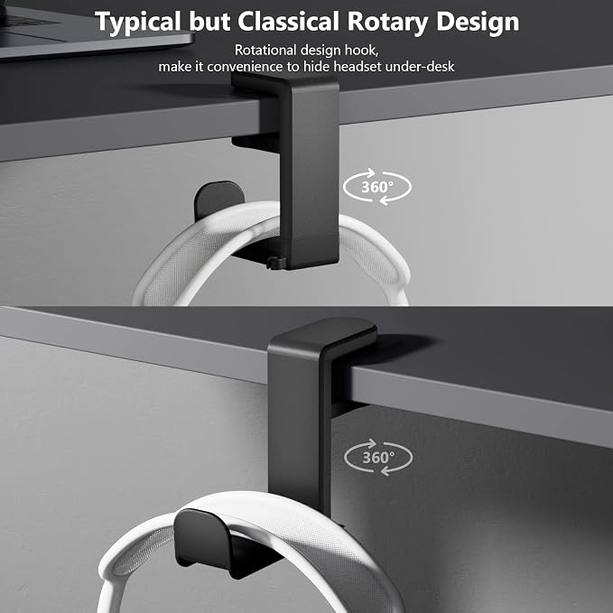 Rotating Headphone Stand - EURPMASK PC Gaming Headset Stand, Adjustable Clamp-on Headphone Holder, Headphone Hanger Hook Under Desk with 360 Degree Swivel&Cable Clip Organizer - Black, 2 Pack - Image 4