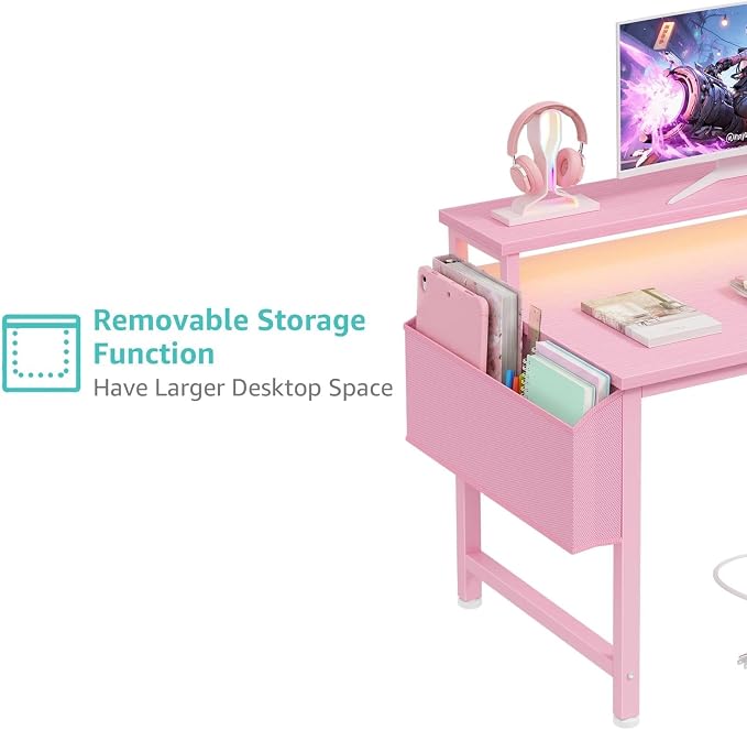 Lufeiya Small Girls Desk with Power Outlets and LED Lights, 32 Inch Gaming Desk Table with Charging Station, Home Office Computer Desks with Monitor, Pink - Image 7