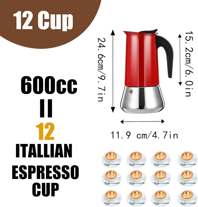 12 Cup Stovetop Espresso Maker Stainless Steel Moka Pot Stove Top Percolator Italian Coffee Makers Capable Mocha Greca Machine Cafe Classic Induction Cookers for Home and Camping 600ml 20oz - Image 2