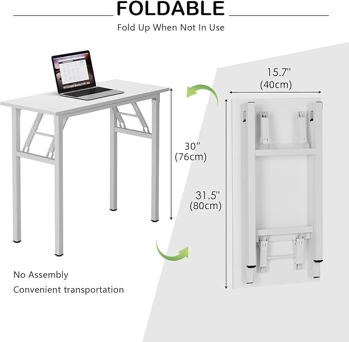 Need Small Desk 31 1/2" No Assembly Foldable Writing Table,Sturdy and Heavy Duty Folding Computer Desks for Small Space/Home Office/Dormitory AC5DW(80 * 40) | White Frame Writing Gaming Work Table/Sturdy Foldable Study Table for Small Space/Dormitory, ... - Image 2