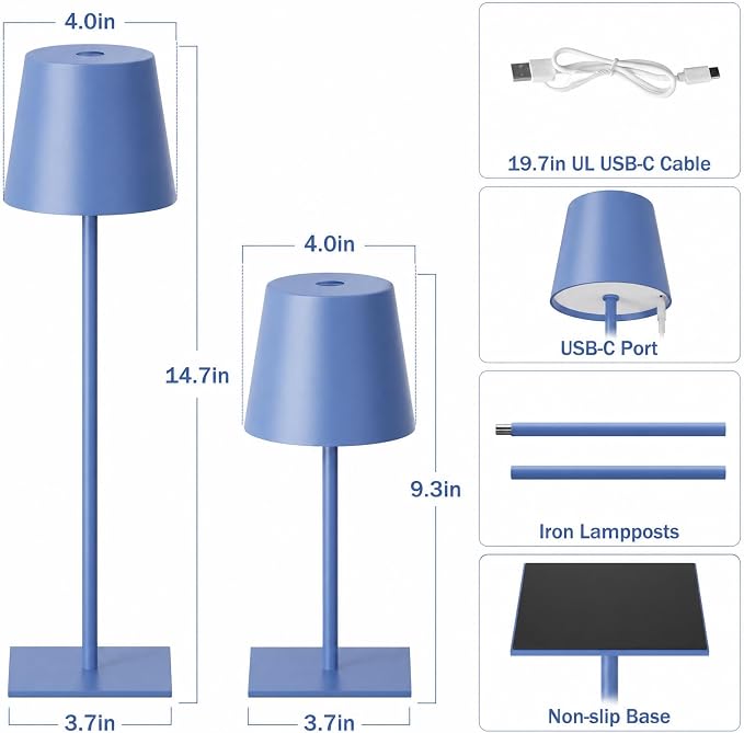 Kakanuo Navy Blue Rechargeable Table Lamp, 2 Pack Cordless Desk Lamp with 5000mAh Battery, Touch Control Stepless Dimming, Wireless Night Light for Dining, Outdoor Camping, Coffee Shop - Image 4