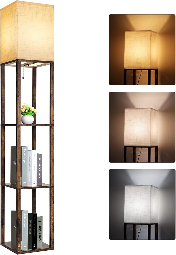 RUNTOP Floor Lamp with Shelves, Modern Shelf Lamp for Display Storage, 3 Color Temperature Wood Narrow Standing Corner Lamp with 8W Bulb for Living Room Decor, Bedroom, Office, Home Decor(Brown) by RUNTOP