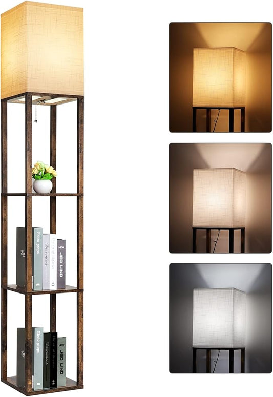 RUNTOP Floor Lamp with Shelves, Modern Shelf Lamp for Display Storage, 3 Color Temperature Wood Narrow Standing Corner Lamp with 8W Bulb for Living Room Decor, Bedroom, Office, Home Decor(Brown) by RUNTOP