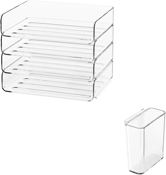 FANXIYQ 4-Tier Horizontal Acrylic Paper Tray Organizer with Pen Holder | Clear Stackable Desk Organizer for Documents, Letters, A4 Paper | Modern Office/Classroom/Home Organization by FANXIYQ