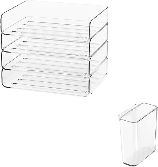 FANXIYQ 4-Tier Horizontal Acrylic Paper Tray Organizer with Pen Holder | Clear Stackable Desk Organizer for Documents, Letters, A4 Paper | Modern Office/Classroom/Home Organization by FANXIYQ