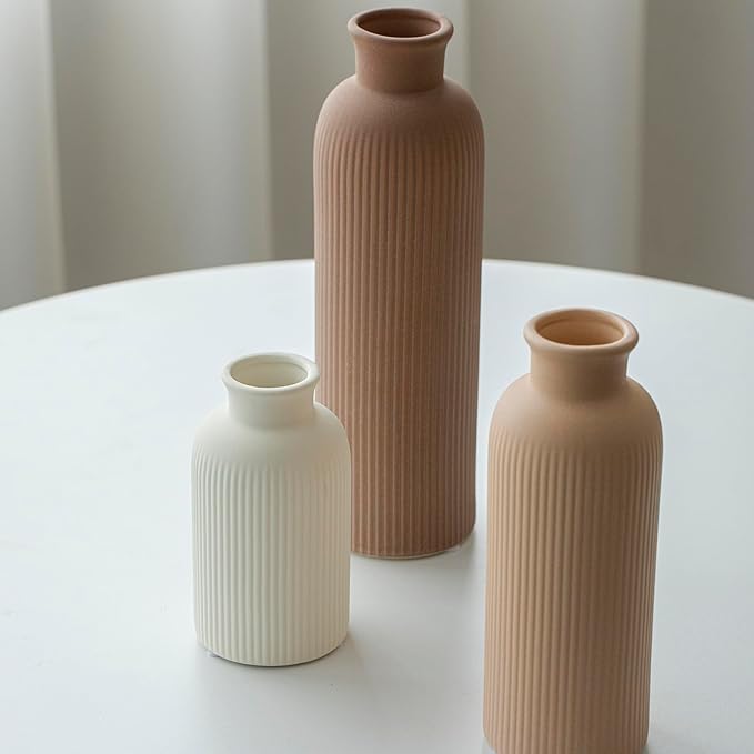 Modern Ceramic Vase Set, Earth Tone Natural Color Ribbed Matte Design, 3-Piece Decorative Vases for Home, Living Room, Office (Coffee Mix) - Image 4