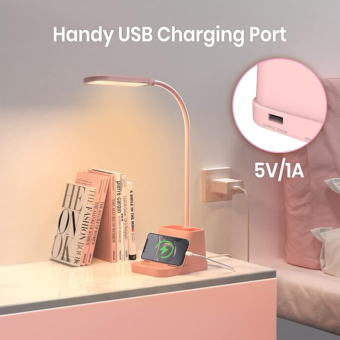 AXX Pink Cute Desk Lamp with USB Charging Port for Kids Teen Girls Women | Kawaii, Small, LED, 650LM, for College Dorm Room Bedrooms, Home Office Accessories, Study Table Essentials - Image 3