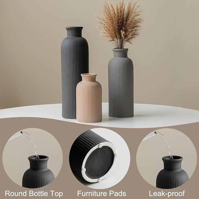 Modern Ceramic Vase Set, Black Ribbed Matte Design, 3-Piece Decorative Vases for Home, Living Room, Office (Black Mix) - Image 4