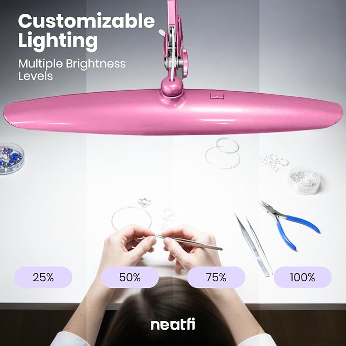 Neatfi XL 2200 Lumens 24W LED Desk Lamp – Shadow-Free Task Lighting | 4-Level Dimming | Home Office & Crafts Use | 20-Inch Wide Head (Pink, Non-CCT with Clamp) - Image 8