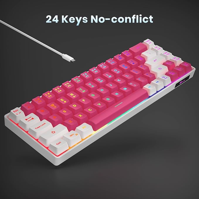 GEODMAER 65% Gaming Keyboard, LED Backlit Mini Wired Keyboard, Ultra-Compact Anti-Ghosting No-Conflict 68 Keys Membrane Gaming Wired Keyboard for PC Laptop Windows Gamer(Pink-White) - Image 5