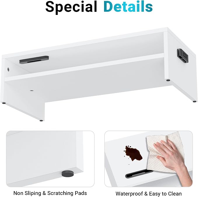 BONTEC Wood Monitor Stand Riser, 2-Tier Desktop Organizer | Ergonomic Computer Stand for Desk, Cable Management, Cellphone Holder, 21.3 Inch Shelf, White - Image 7