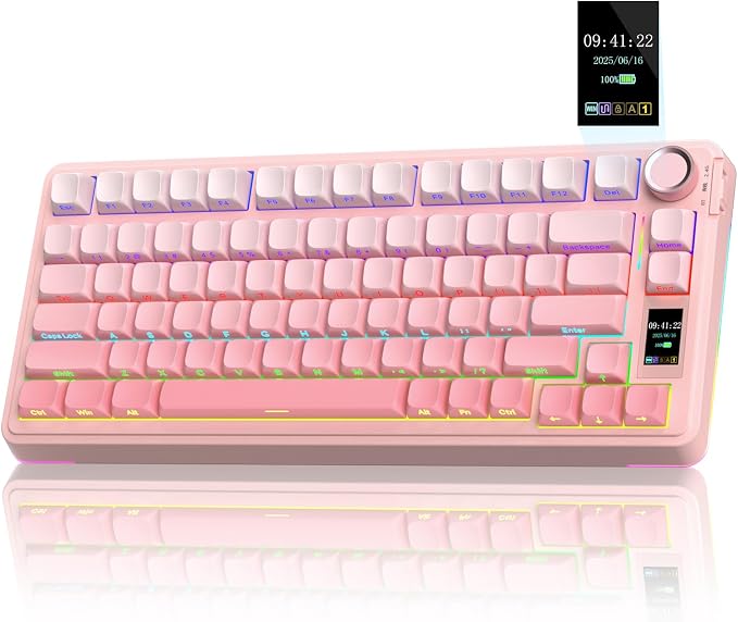 AULA S75 PRO Wireless Mechanical Keyboard with Screen&Knob, Tri-Mode Hot Swappable Gaming Keyboard 75%, Pre-lubed Switches, RGB Backlit, Side Printed PBT Keycaps, Creamy Sounding Pink Keyboards by AULA