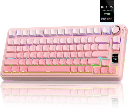 AULA S75 PRO Wireless Mechanical Keyboard with Screen&Knob, Tri-Mode Hot Swappable Gaming Keyboard 75%, Pre-lubed Switches, RGB Backlit, Side Printed PBT Keycaps, Creamy Sounding Pink Keyboards by AULA