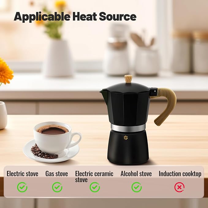 3 Cup Aluminum Moka Pot Classic Stovetop Espresso Coffee Maker 150ml 5oz Coffeemaker Percolator Mocha Pot Greca Coffee Maker Cafe Makers for Italian and Cuban Café Brewing Black - Image 4