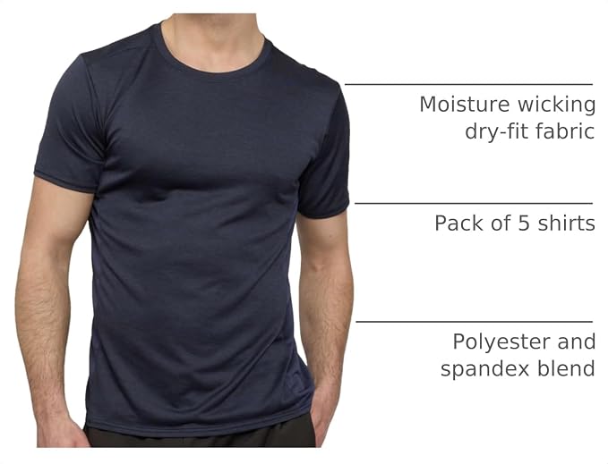 5 Pack Men's Dry Fit Short Sleeve T-Shirt Gym Workout Athletic Running Tee | Cooling, Moisture-Wicking, Crew Neck, Quick-Dry, Breathable, Active, Exercise, Fitness, Basketball, Cycling, Hiking, Tennis - Image 4