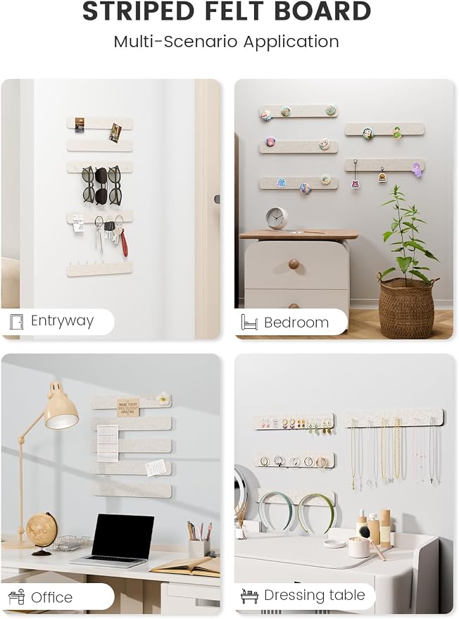 Fluxynara 13" x 2" Felt Wall Panels, Oatmeal | 5-Pack Cork Board Alternative with 35 Push Pins, Adhesive Mounting for Bedroom Door or Home Office - Image 6