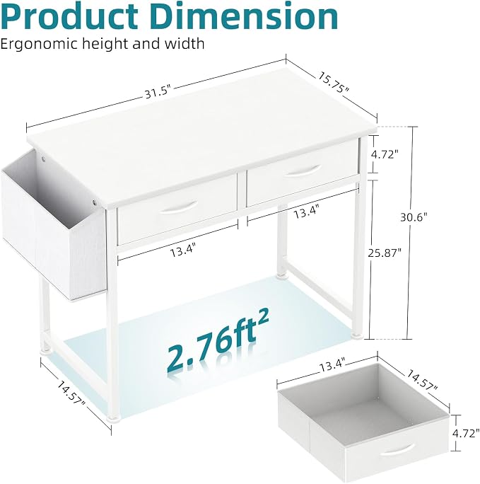 CAIYUN Small White Desk with Fabric Drawers for Bedroom, 31 Inch Home Office Desk with Side Pocket and Hook for Small Space, Makeup Vanity Desks Kid’s Desks to Writing Made of Wood and Metal, White - Image 3