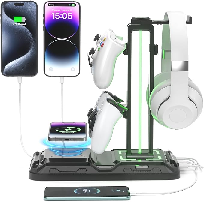 KDD Headphone & Controller Stand with Wireless Charging - Rotatable Headset Stand with 9 Light Modes - Controller Holder with 2 USB and Type C Ports - for Gamers Desktop Accessories by KDD