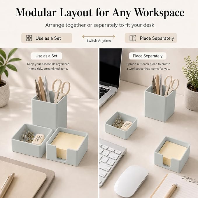 minimaliving Aesthetic Silicone Desk Organizer Set of 3,Modern Office Desk Accessories with Pen Holder,Paperclip Tray,Sticky Note Holder,Stylish Functional Office Desk Decor for Back-to-school(Grey) - Image 3