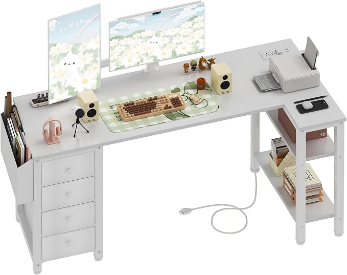 Lufeiya White L Shaped Desk with Drawers & Storage Shelves, 55 Inch Corner Computer Desk with Power Outlet for Home Office Bedroom, L-Shaped Teen PC Desks with Fabric Drawer, White by LUFEIYA