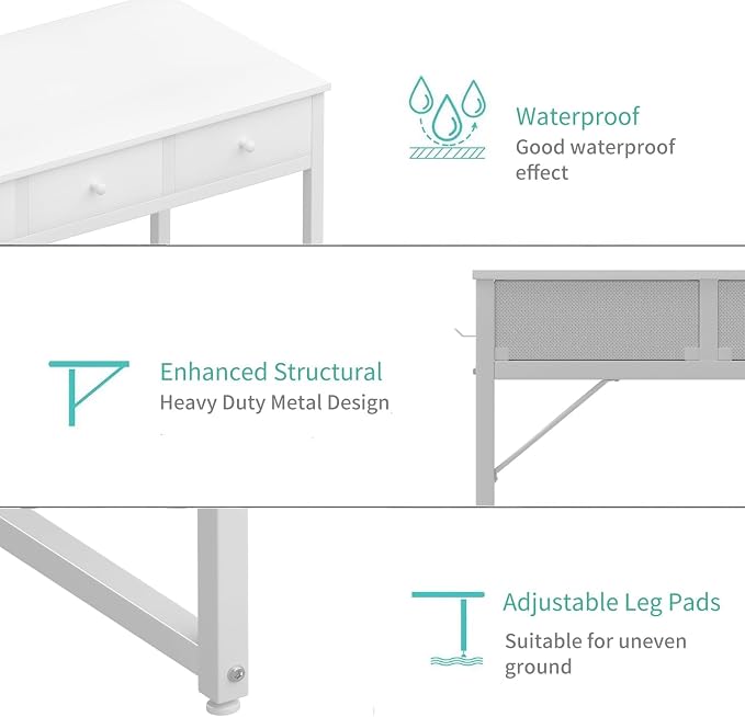 Lufeiya Small White Computer Desk with Drawers for Home Office Bedroom, 40 Inch Vanity Desk with Fabric Drawer Storage and Side Pouch, Study Writing Table, White - Image 7