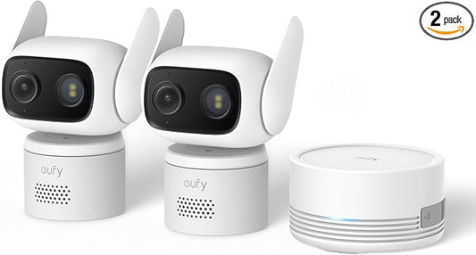 eufy Security Indoor&Outdoor Camera C31,2-Pack with HomeBase Mini(64GB Included),IP66,Spotlight-Free Color Night Vision,360°Pan&Tilt, AutoTracking,Human/Car/Pet/Cry Detection,24/7 Recording by Unknown