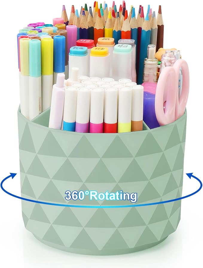 Desk Organizer, 360-Degree Rotating Pencil Pen Holders For Desk, Diamond Pattern Pen Organizer With 5 Compartments, Cute Desk Accessories Decor For Office, School,Home,Art Supply (Green) by NUOZME