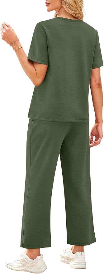 WIHOLL 2 Piece Sets for Women Casual Summer Travel Vacation Outfits Short Sleeve Wide Leg Crop Pants Lounge Sets - Image 5